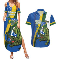 Solomon Islands Independence Day Couples Matching Summer Maxi Dress and Hawaiian Shirt Happy 7 July Crocodile Flag Style LT14 Blue - Polynesian Pride