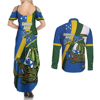 Solomon Islands Independence Day Couples Matching Summer Maxi Dress and Long Sleeve Button Shirt Happy 7 July Crocodile Flag Style LT14 - Polynesian Pride