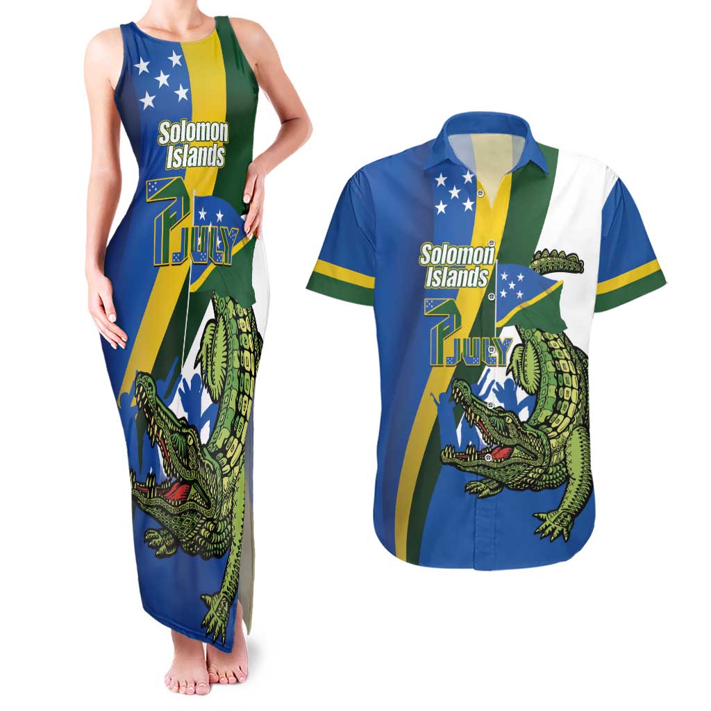 Solomon Islands Independence Day Couples Matching Tank Maxi Dress and Hawaiian Shirt Happy 7 July Crocodile Flag Style LT14 Blue - Polynesian Pride