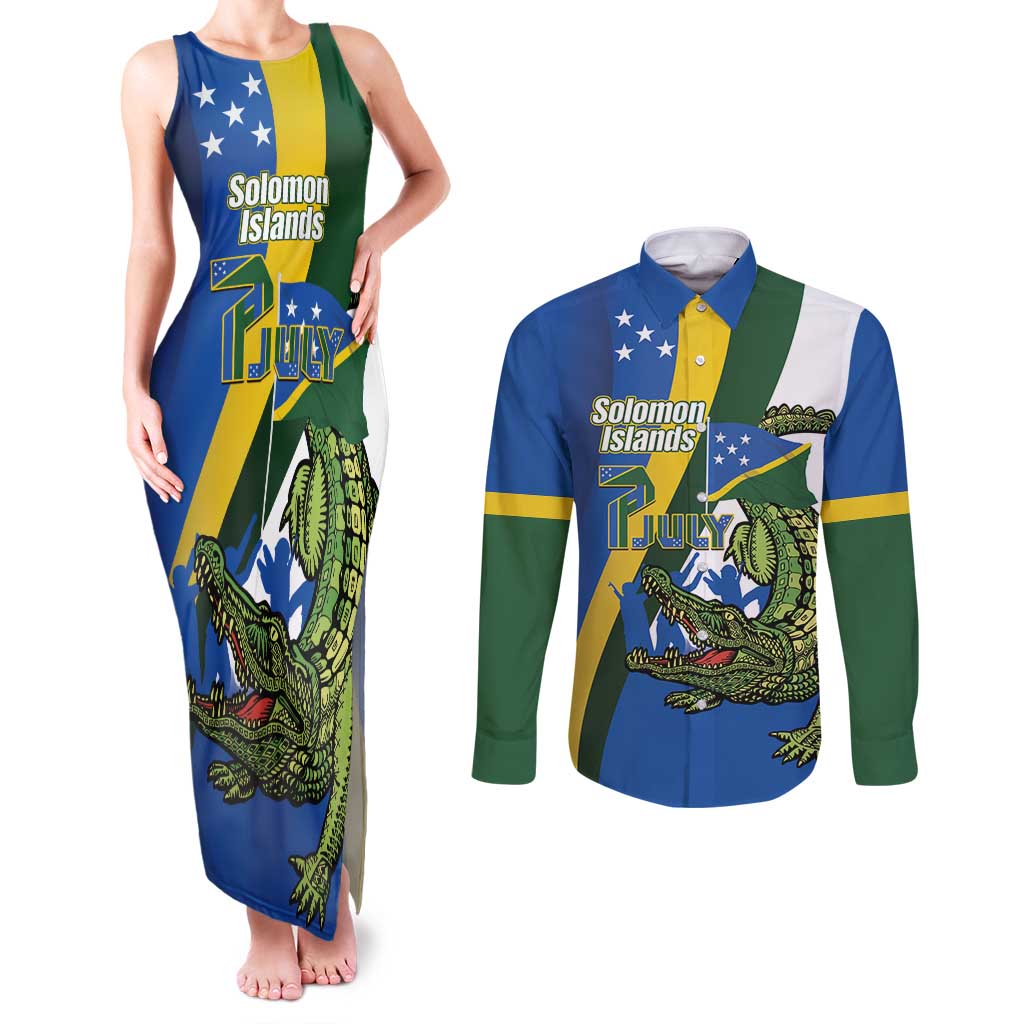 Solomon Islands Independence Day Couples Matching Tank Maxi Dress and Long Sleeve Button Shirt Happy 7 July Crocodile Flag Style LT14 Blue - Polynesian Pride