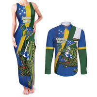 Solomon Islands Independence Day Couples Matching Tank Maxi Dress and Long Sleeve Button Shirt Happy 7 July Crocodile Flag Style LT14 Blue - Polynesian Pride