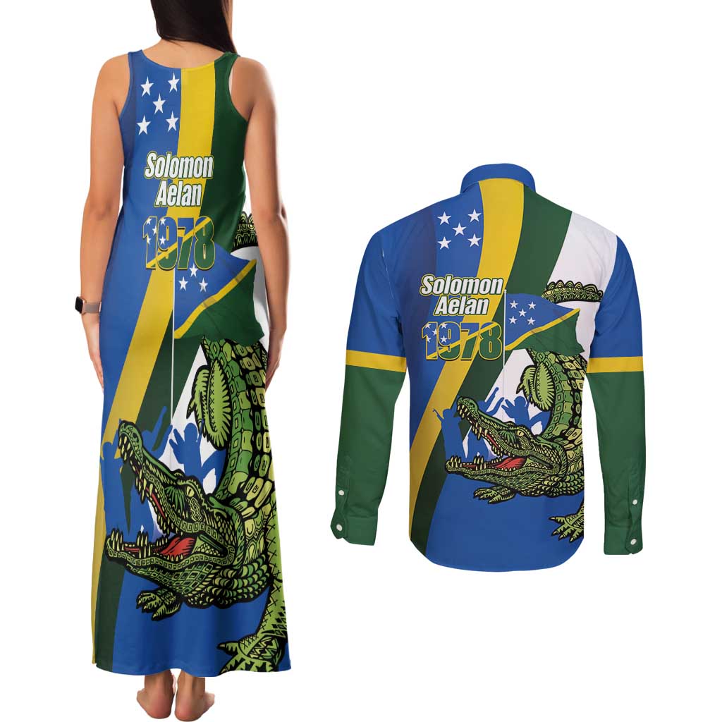 Solomon Islands Independence Day Couples Matching Tank Maxi Dress and Long Sleeve Button Shirt Happy 7 July Crocodile Flag Style LT14 - Polynesian Pride