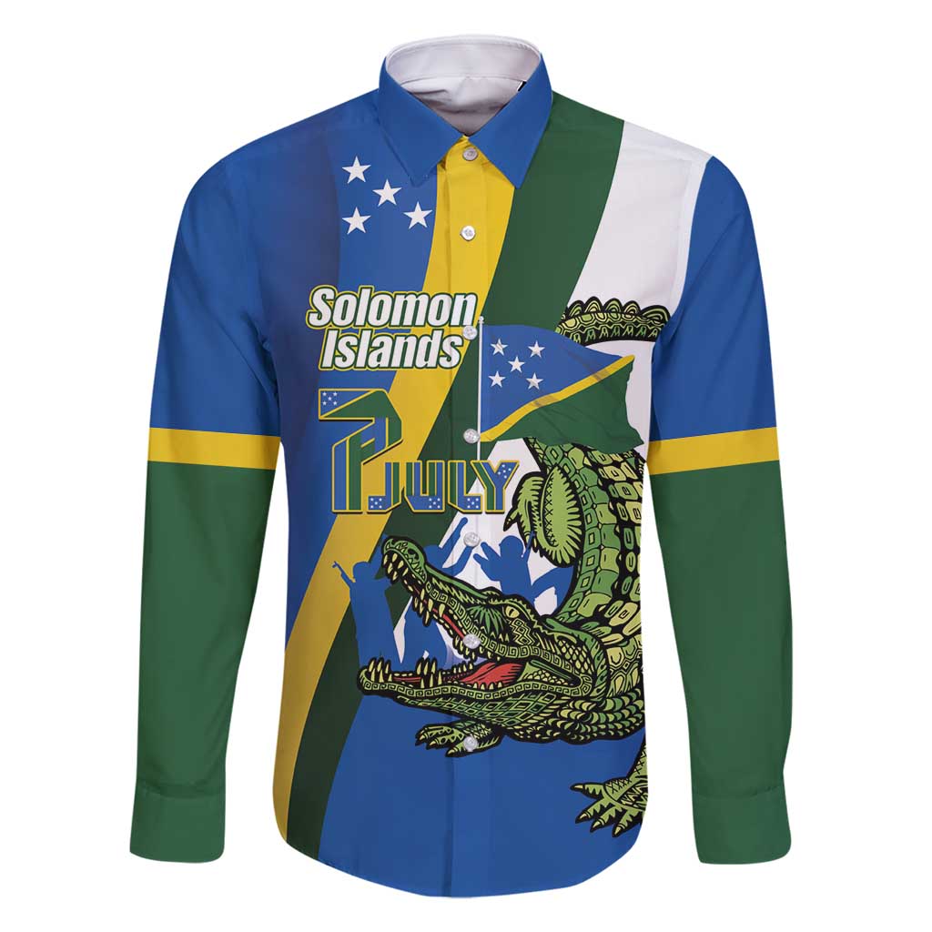 Solomon Islands Independence Day Family Matching Long Sleeve Bodycon Dress and Hawaiian Shirt Happy 7 July Crocodile Flag Style LT14 Dad's Shirt - Long Sleeve Blue - Polynesian Pride