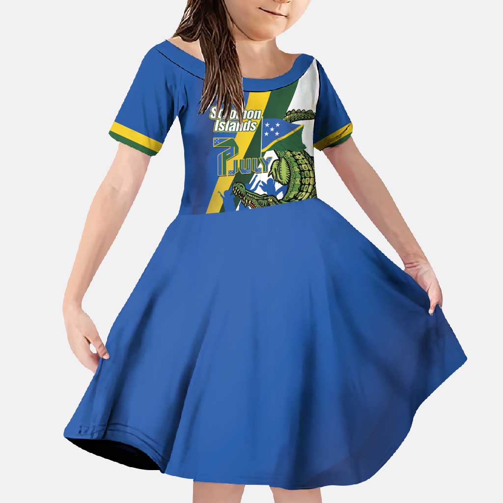 Solomon Islands Independence Day Family Matching Mermaid Dress and Hawaiian Shirt Happy 7 July Crocodile Flag Style LT14 Daughter's Dress Blue - Polynesian Pride