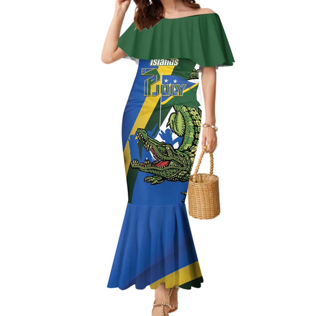 Solomon Islands Independence Day Family Matching Mermaid Dress and Hawaiian Shirt Happy 7 July Crocodile Flag Style LT14 Mom's Dress Blue - Polynesian Pride