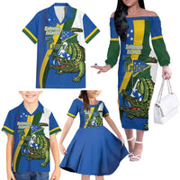 Solomon Islands Independence Day Family Matching Off The Shoulder Long Sleeve Dress and Hawaiian Shirt Happy 7 July Crocodile Flag Style LT14 - Polynesian Pride