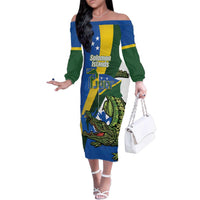 Solomon Islands Independence Day Family Matching Off The Shoulder Long Sleeve Dress and Hawaiian Shirt Happy 7 July Crocodile Flag Style LT14 Mom's Dress Blue - Polynesian Pride