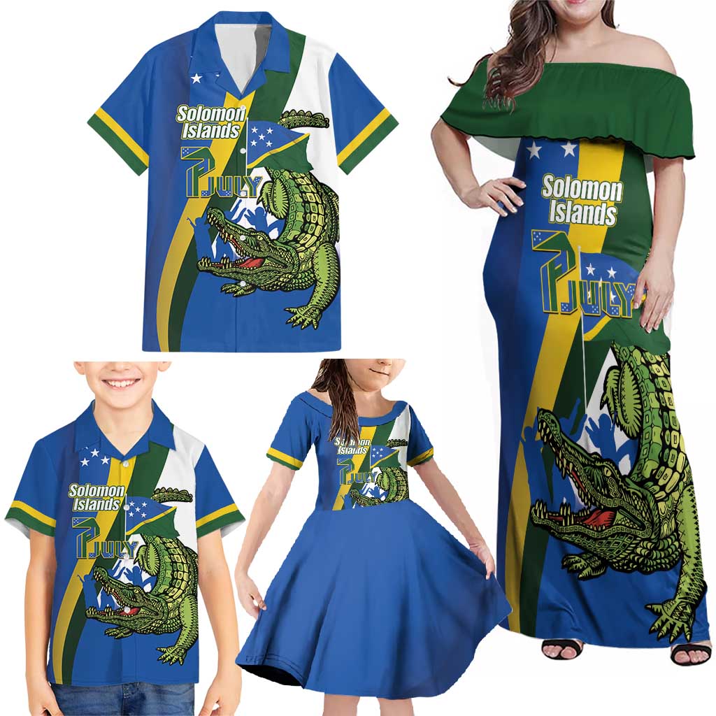 Solomon Islands Independence Day Family Matching Off Shoulder Maxi Dress and Hawaiian Shirt Happy 7 July Crocodile Flag Style LT14 - Polynesian Pride