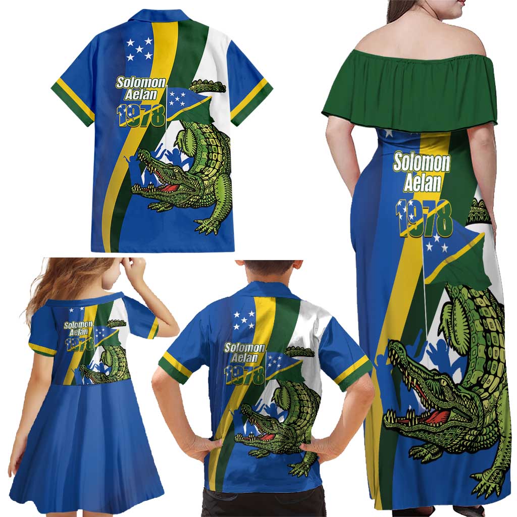 Solomon Islands Independence Day Family Matching Off Shoulder Maxi Dress and Hawaiian Shirt Happy 7 July Crocodile Flag Style LT14 - Polynesian Pride