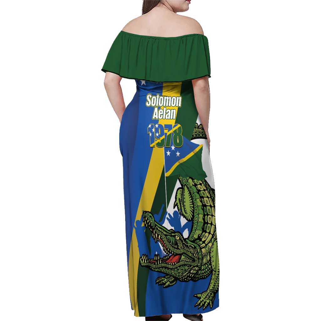 Solomon Islands Independence Day Family Matching Off Shoulder Maxi Dress and Hawaiian Shirt Happy 7 July Crocodile Flag Style LT14 - Polynesian Pride