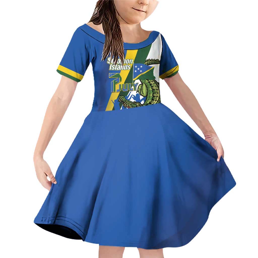 Solomon Islands Independence Day Family Matching Off Shoulder Short Dress and Hawaiian Shirt Happy 7 July Crocodile Flag Style LT14 Daughter's Dress Blue - Polynesian Pride