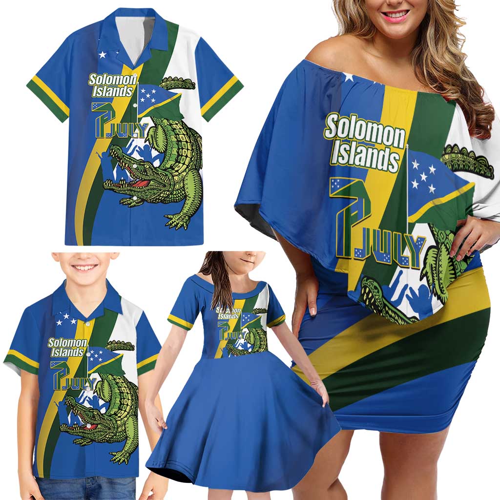 Solomon Islands Independence Day Family Matching Off Shoulder Short Dress and Hawaiian Shirt Happy 7 July Crocodile Flag Style LT14 - Polynesian Pride