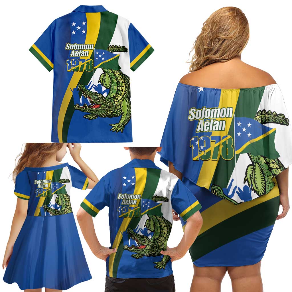Solomon Islands Independence Day Family Matching Off Shoulder Short Dress and Hawaiian Shirt Happy 7 July Crocodile Flag Style LT14 - Polynesian Pride