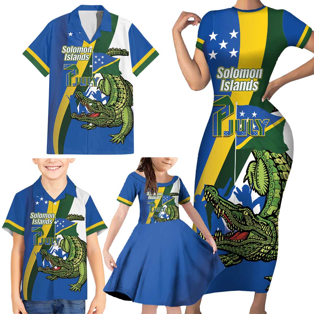 Solomon Islands Independence Day Family Matching Short Sleeve Bodycon Dress and Hawaiian Shirt Happy 7 July Crocodile Flag Style LT14 - Polynesian Pride