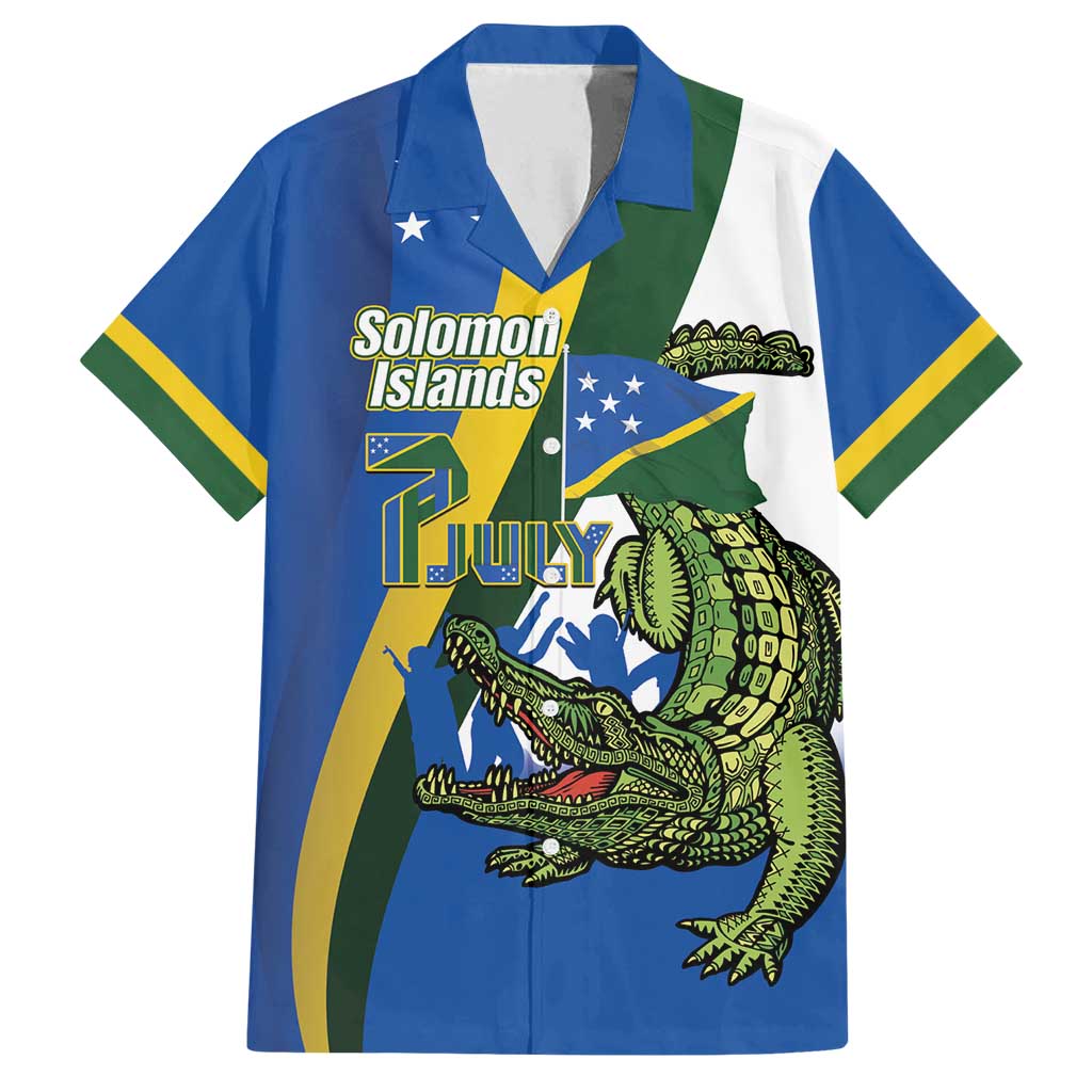 Solomon Islands Independence Day Family Matching Tank Maxi Dress and Hawaiian Shirt Happy 7 July Crocodile Flag Style LT14 Dad's Shirt - Short Sleeve Blue - Polynesian Pride