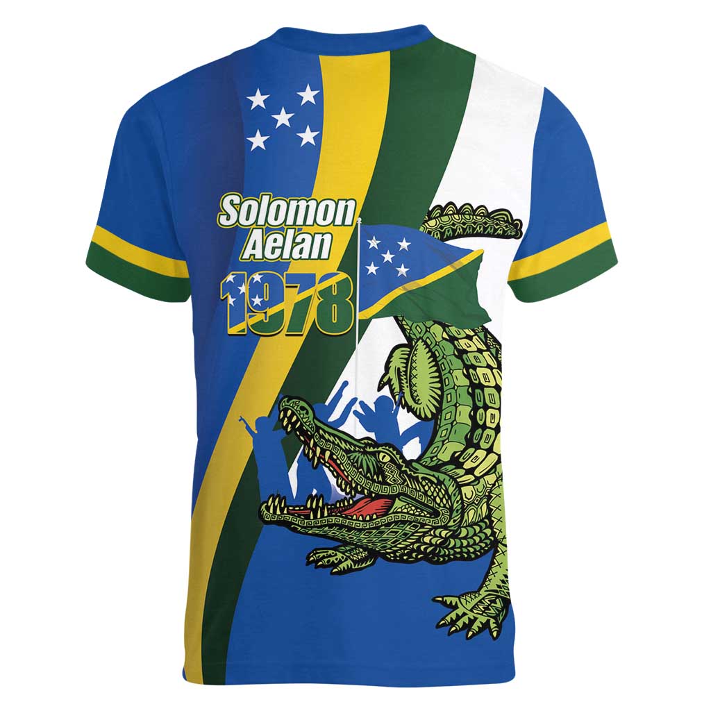 Solomon Islands Independence Day Women V-Neck T-Shirt Happy 7 July Crocodile Flag Style LT14 - Polynesian Pride