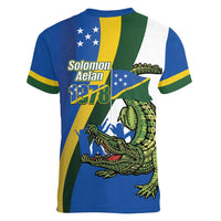 Solomon Islands Independence Day Women V-Neck T-Shirt Happy 7 July Crocodile Flag Style LT14 - Polynesian Pride