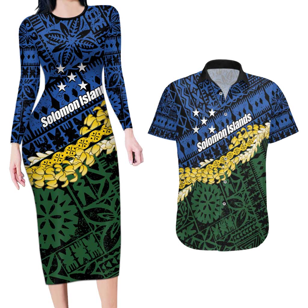 Halo Olaketa Solomon Islands Tapa Pattern Couples Matching Long Sleeve Bodycon Dress and Hawaiian Shirt LT14 Blue - Polynesian Pride