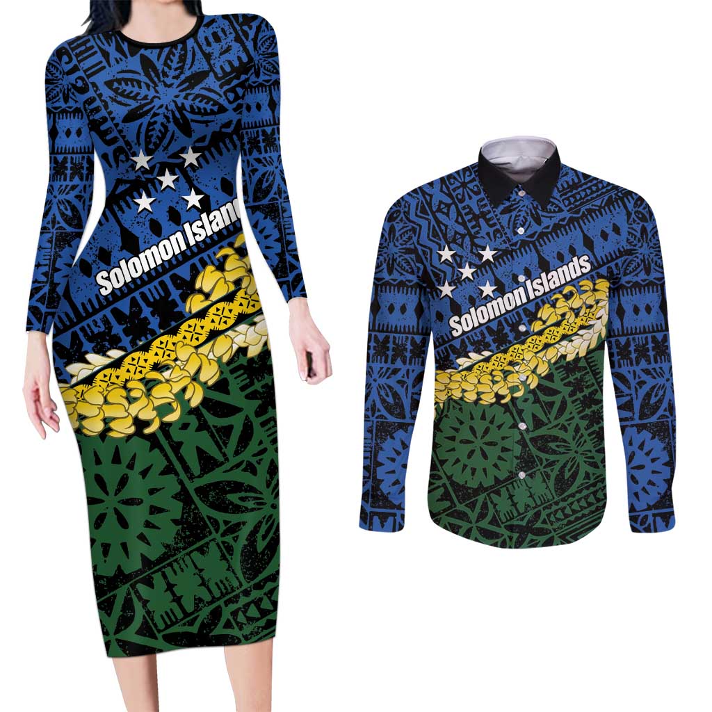 Halo Olaketa Solomon Islands Tapa Pattern Couples Matching Long Sleeve Bodycon Dress and Long Sleeve Button Shirt LT14 Blue - Polynesian Pride