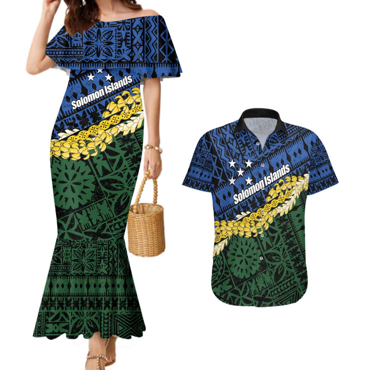 Halo Olaketa Solomon Islands Tapa Pattern Couples Matching Mermaid Dress and Hawaiian Shirt LT14 Blue - Polynesian Pride