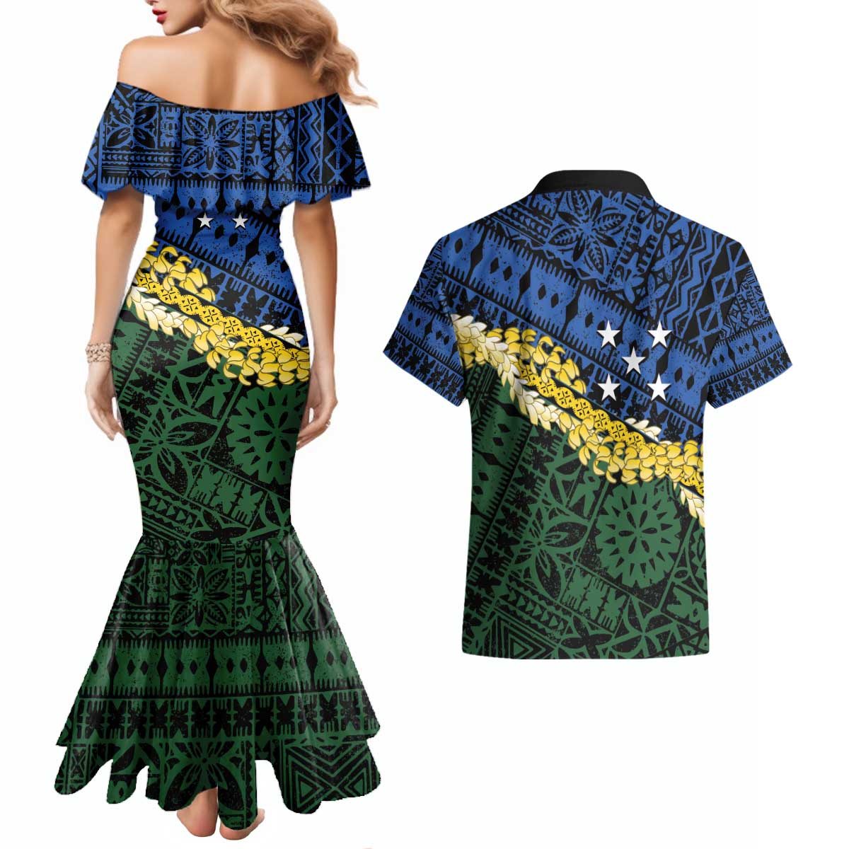 Halo Olaketa Solomon Islands Tapa Pattern Couples Matching Mermaid Dress and Hawaiian Shirt LT14 - Polynesian Pride