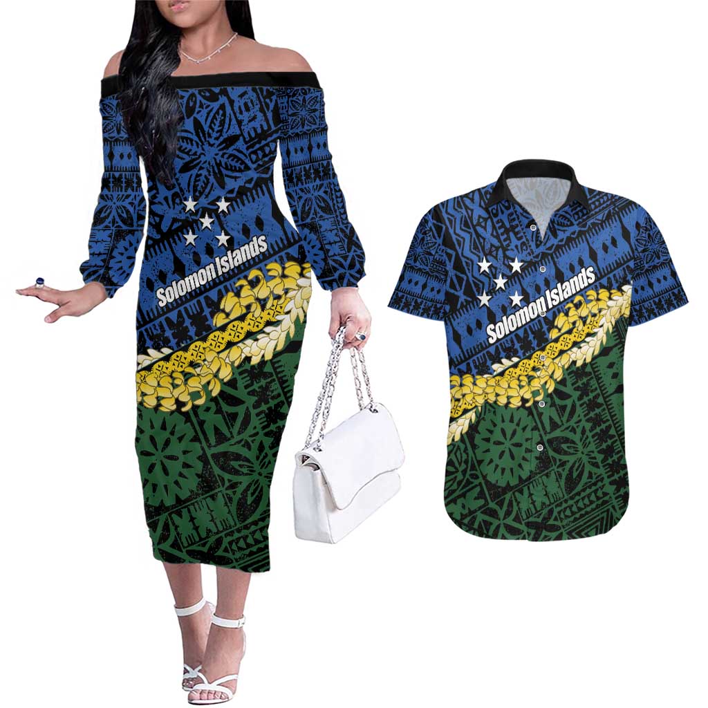 Halo Olaketa Solomon Islands Tapa Pattern Couples Matching Off The Shoulder Long Sleeve Dress and Hawaiian Shirt LT14 Blue - Polynesian Pride