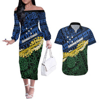 Halo Olaketa Solomon Islands Tapa Pattern Couples Matching Off The Shoulder Long Sleeve Dress and Hawaiian Shirt LT14 Blue - Polynesian Pride
