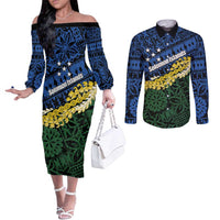 Halo Olaketa Solomon Islands Tapa Pattern Couples Matching Off The Shoulder Long Sleeve Dress and Long Sleeve Button Shirt LT14 Blue - Polynesian Pride