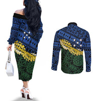 Halo Olaketa Solomon Islands Tapa Pattern Couples Matching Off The Shoulder Long Sleeve Dress and Long Sleeve Button Shirt LT14 - Polynesian Pride