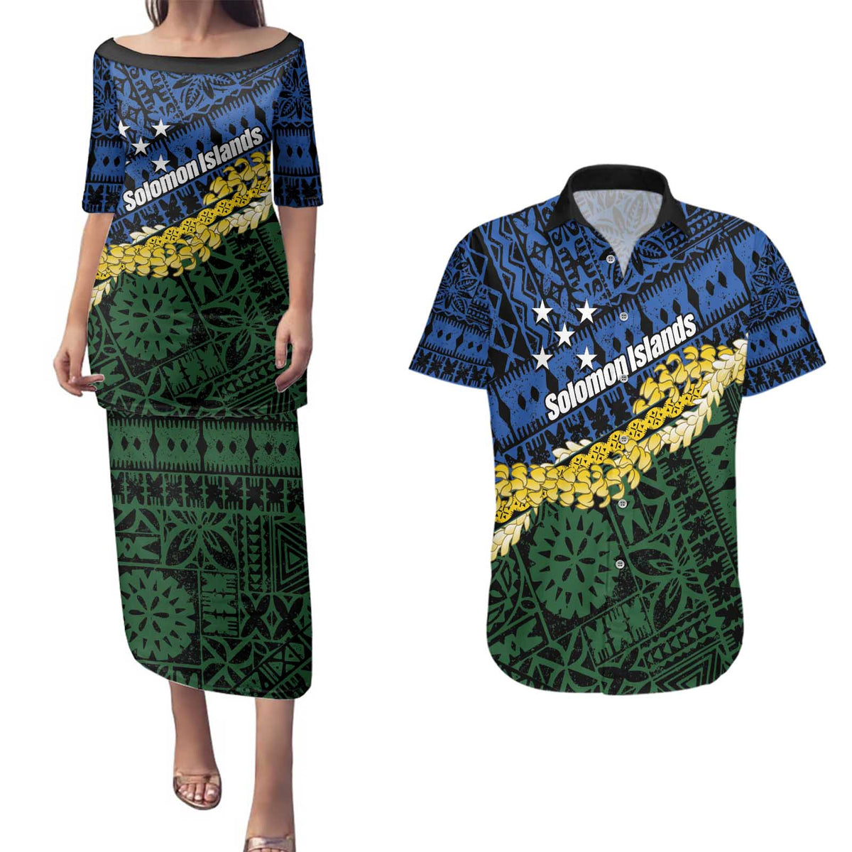 Halo Olaketa Solomon Islands Tapa Pattern Couples Matching Puletasi and Hawaiian Shirt
