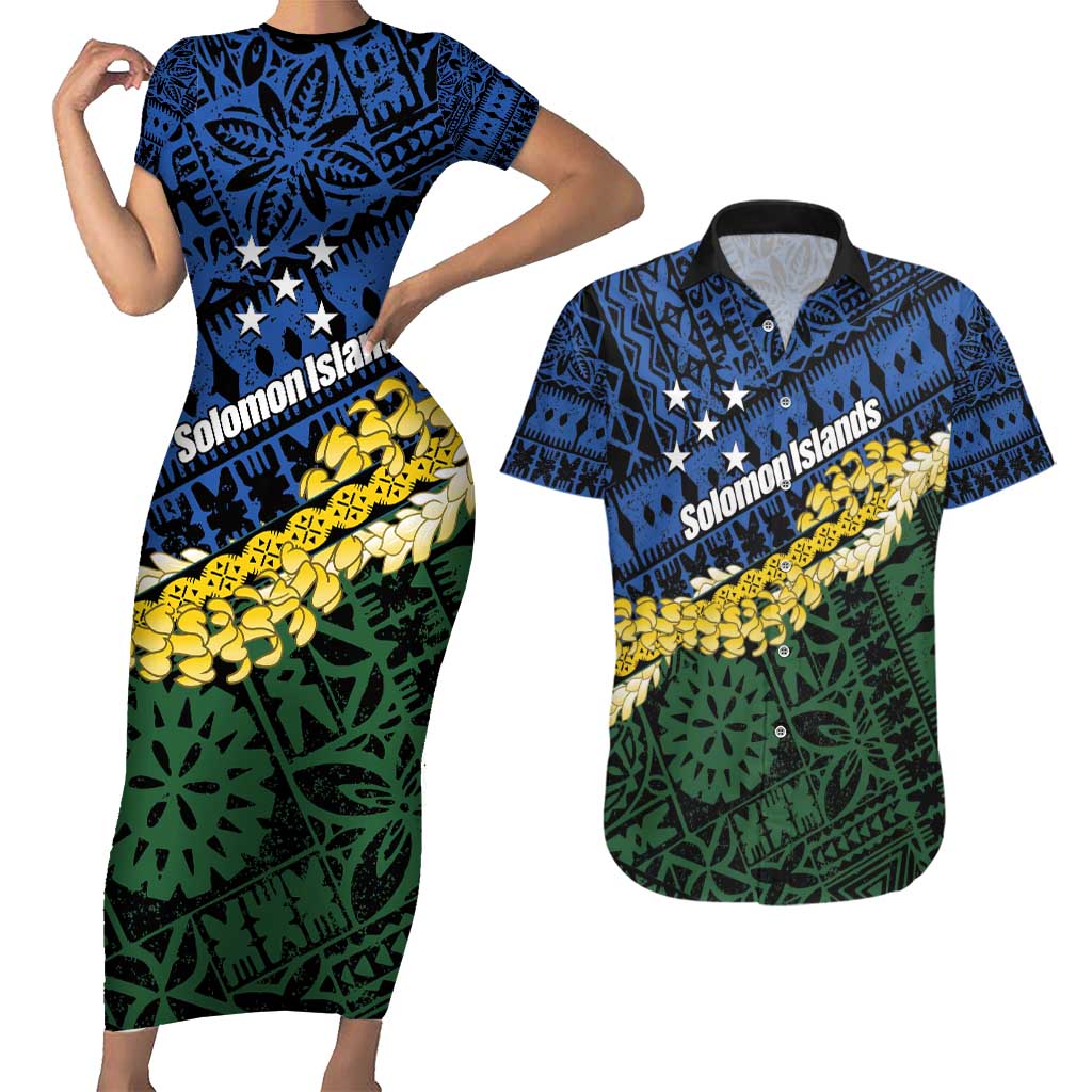 Halo Olaketa Solomon Islands Tapa Pattern Couples Matching Short Sleeve Bodycon Dress and Hawaiian Shirt LT14 Blue - Polynesian Pride