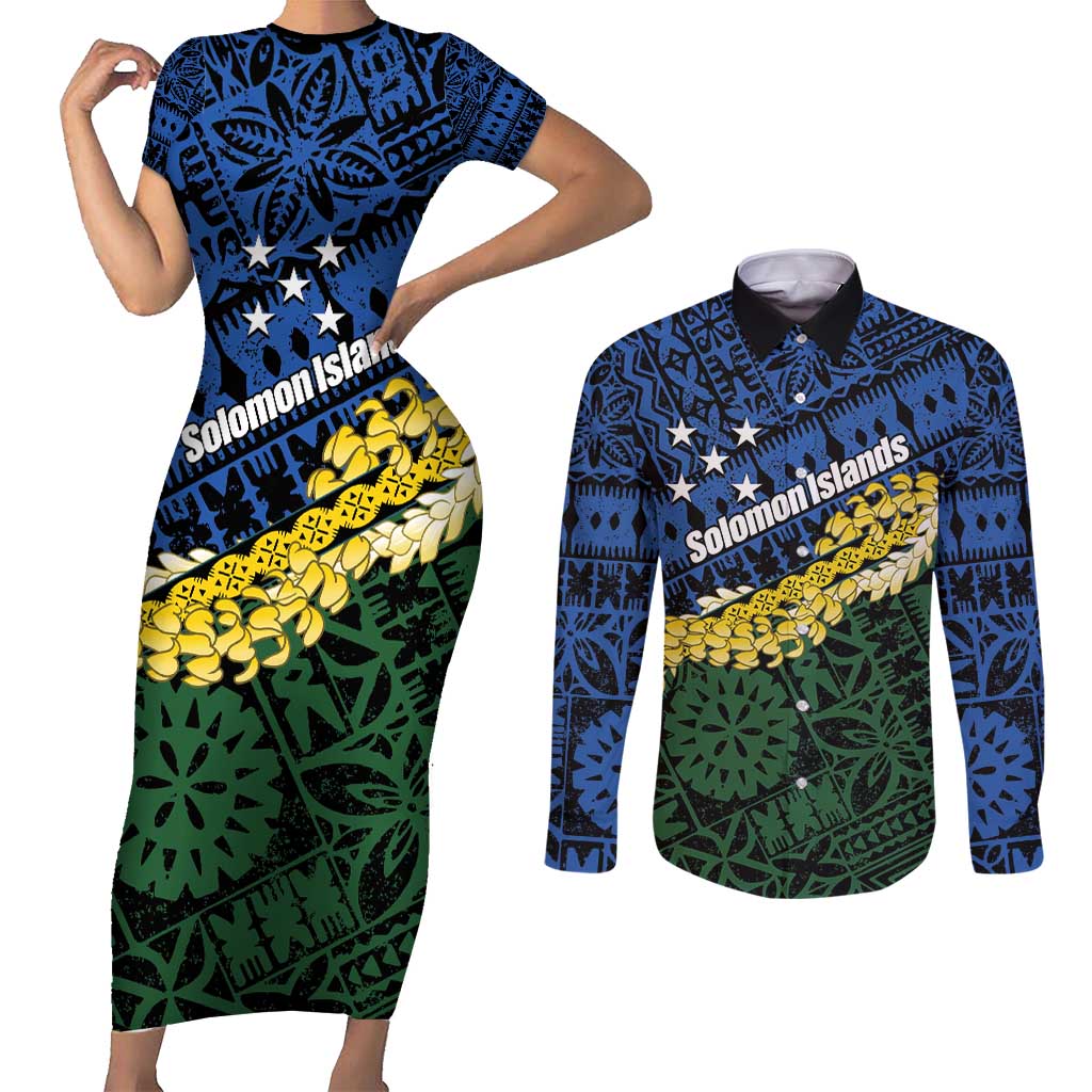 Halo Olaketa Solomon Islands Tapa Pattern Couples Matching Short Sleeve Bodycon Dress and Long Sleeve Button Shirt LT14 Blue - Polynesian Pride
