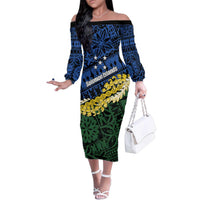 Halo Olaketa Solomon Islands Tapa Pattern Family Matching Off The Shoulder Long Sleeve Dress and Hawaiian Shirt LT14 Mom's Dress Blue - Polynesian Pride
