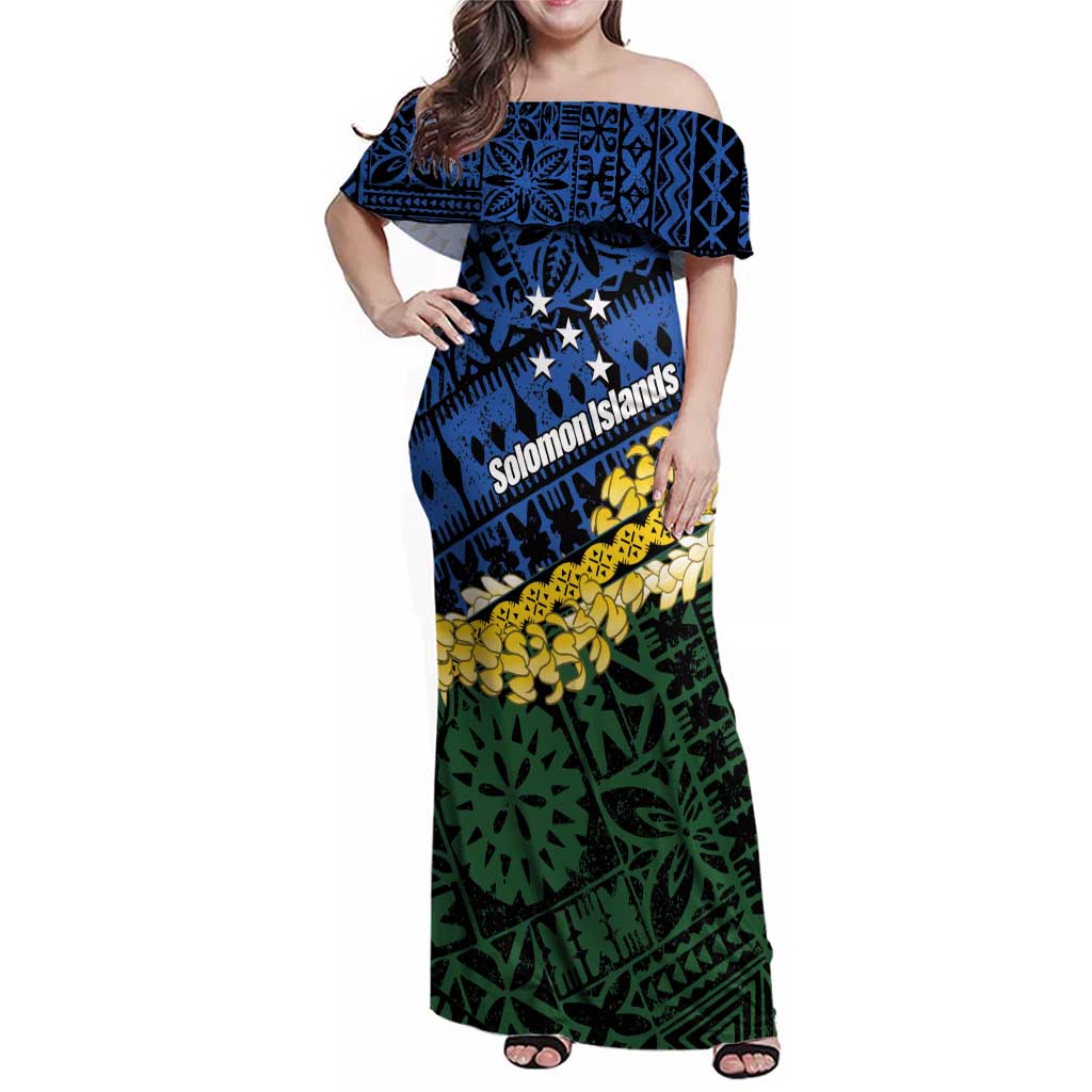 Halo Olaketa Solomon Islands Tapa Pattern Family Matching Off Shoulder Maxi Dress and Hawaiian Shirt LT14 Mom's Dress Blue - Polynesian Pride