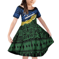 Halo Olaketa Solomon Islands Tapa Pattern Family Matching Off Shoulder Short Dress and Hawaiian Shirt LT14 Daughter's Dress Blue - Polynesian Pride