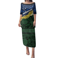 Halo Olaketa Solomon Islands Tapa Pattern Family Matching Puletasi and Hawaiian Shirt LT14 Mom's Dress Blue - Polynesian Pride