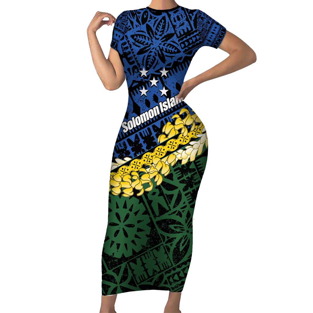 Halo Olaketa Solomon Islands Tapa Pattern Family Matching Short Sleeve Bodycon Dress and Hawaiian Shirt LT14 Mom's Dress Blue - Polynesian Pride