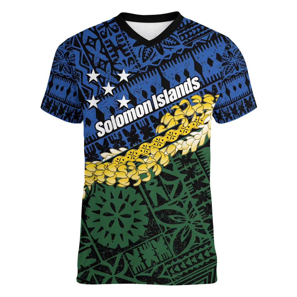 Halo Olaketa Solomon Islands Tapa Pattern Women V-Neck T-Shirt LT14 Female Blue - Polynesian Pride