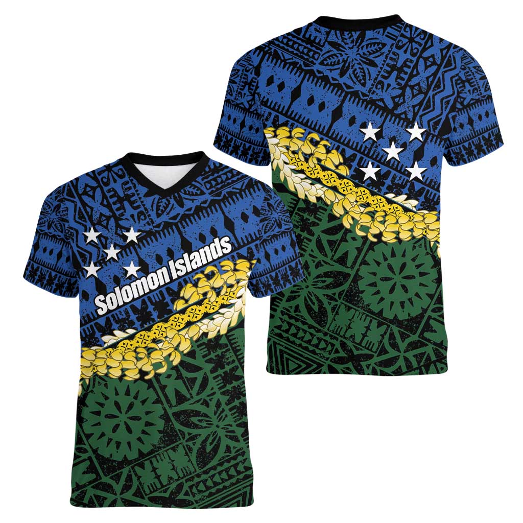 Halo Olaketa Solomon Islands Tapa Pattern Women V-Neck T-Shirt LT14 - Polynesian Pride