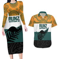 AUNZ Rugby Custom Couples Matching Long Sleeve Bodycon Dress and Hawaiian Shirt Australia Kangaroo New Zealand Silver Fern LT14 Yellow - Polynesian Pride