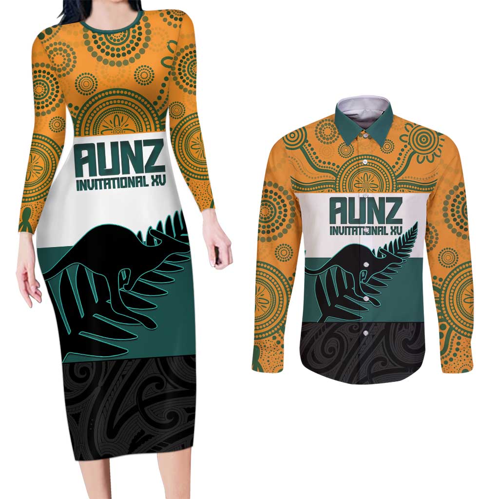 AUNZ Rugby Custom Couples Matching Long Sleeve Bodycon Dress and Long Sleeve Button Shirt Australia Kangaroo New Zealand Silver Fern - Polynesian Pride