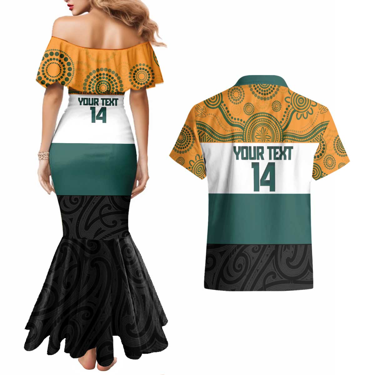 AUNZ Rugby Custom Couples Matching Mermaid Dress and Hawaiian Shirt Australia Kangaroo New Zealand Silver Fern LT14 - Polynesian Pride