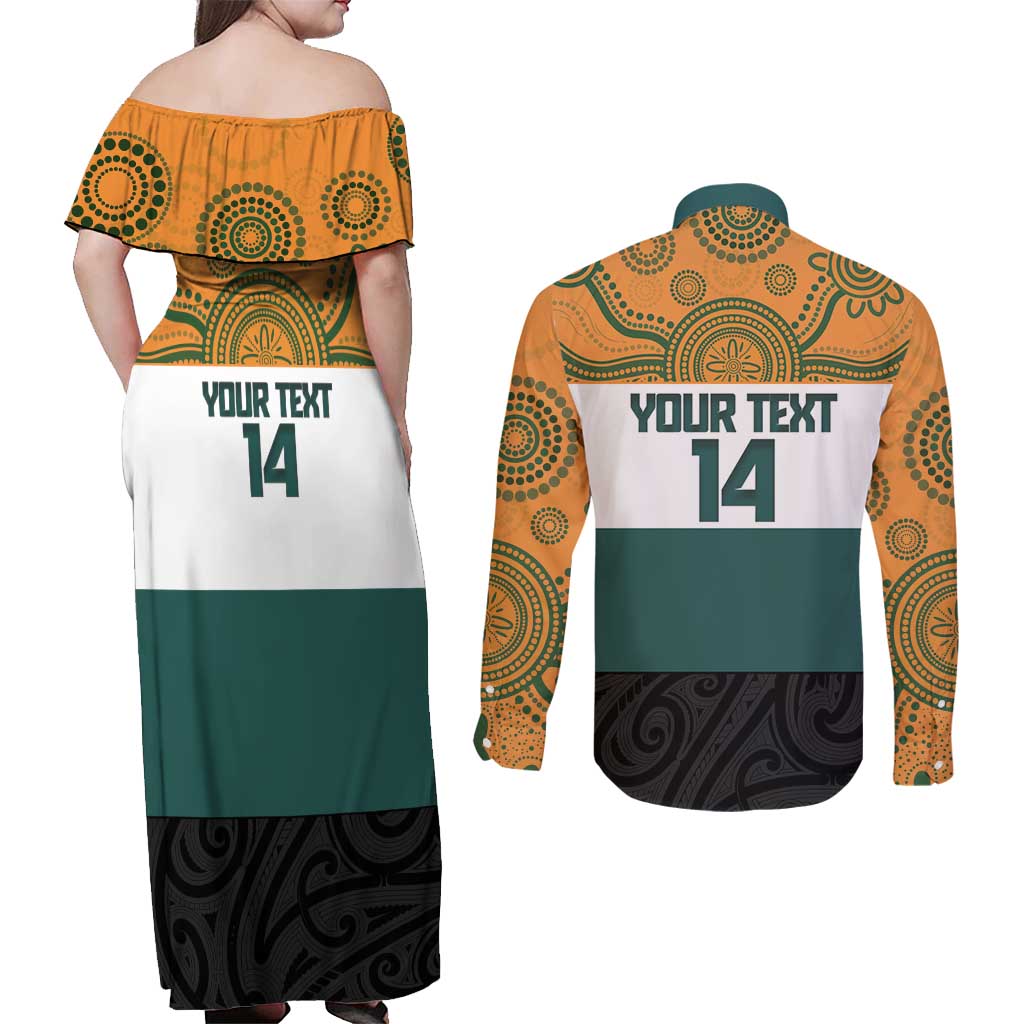 AUNZ Rugby Custom Couples Matching Off Shoulder Maxi Dress and Long Sleeve Button Shirt Australia Kangaroo New Zealand Silver Fern LT14 - Polynesian Pride