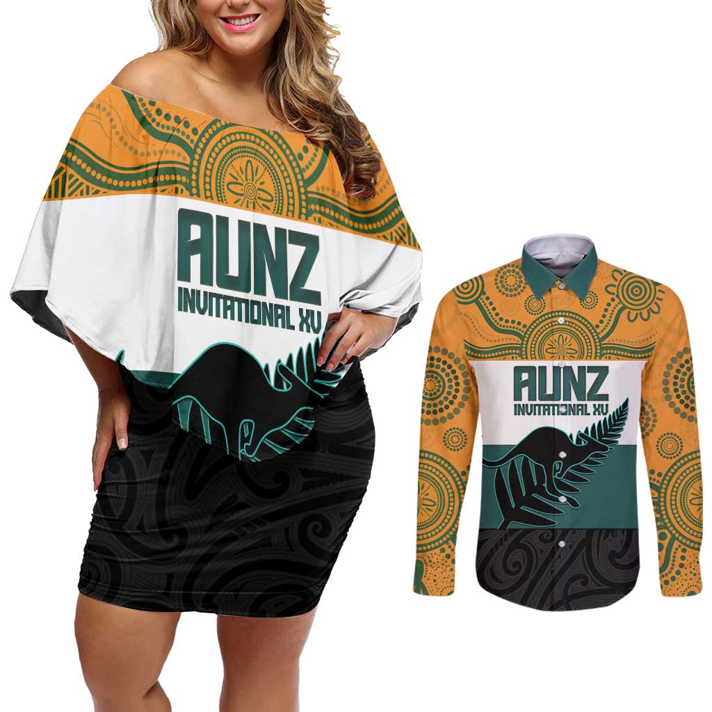 AUNZ Rugby Custom Couples Matching Off Shoulder Short Dress and Long Sleeve Button Shirt Australia Kangaroo New Zealand Silver Fern LT14 Yellow - Polynesian Pride
