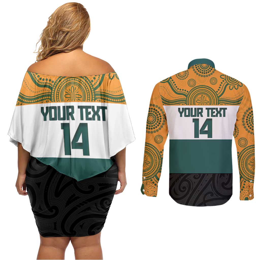 AUNZ Rugby Custom Couples Matching Off Shoulder Short Dress and Long Sleeve Button Shirt Australia Kangaroo New Zealand Silver Fern LT14 - Polynesian Pride