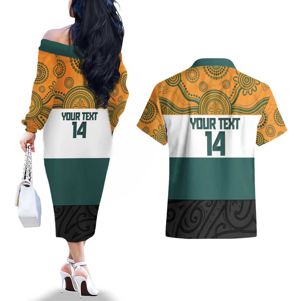 AUNZ Rugby Custom Couples Matching Off The Shoulder Long Sleeve Dress and Hawaiian Shirt Australia Kangaroo New Zealand Silver Fern - Polynesian Pride