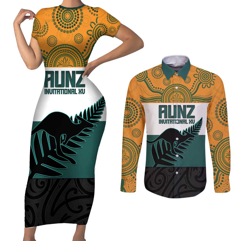 AUNZ Rugby Custom Couples Matching Short Sleeve Bodycon Dress and Long Sleeve Button Shirt Australia Kangaroo New Zealand Silver Fern LT14 Yellow - Polynesian Pride