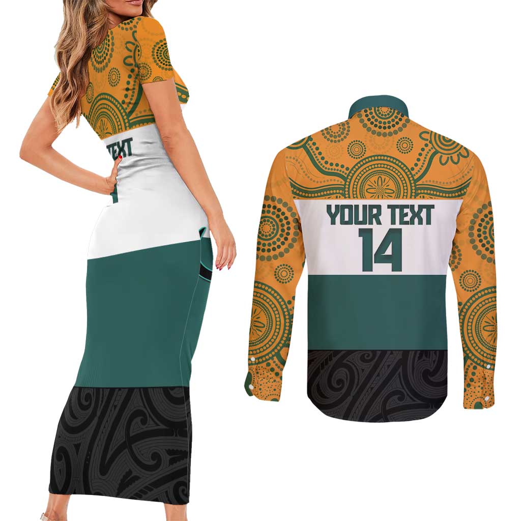 AUNZ Rugby Custom Couples Matching Short Sleeve Bodycon Dress and Long Sleeve Button Shirt Australia Kangaroo New Zealand Silver Fern LT14 - Polynesian Pride