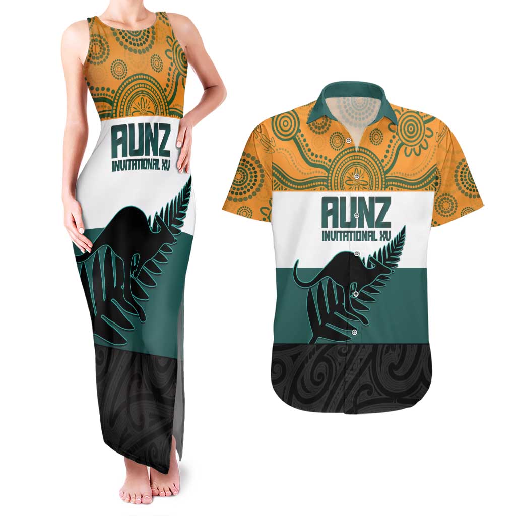 AUNZ Rugby Custom Couples Matching Tank Maxi Dress and Hawaiian Shirt Australia Kangaroo New Zealand Silver Fern LT14 Yellow - Polynesian Pride