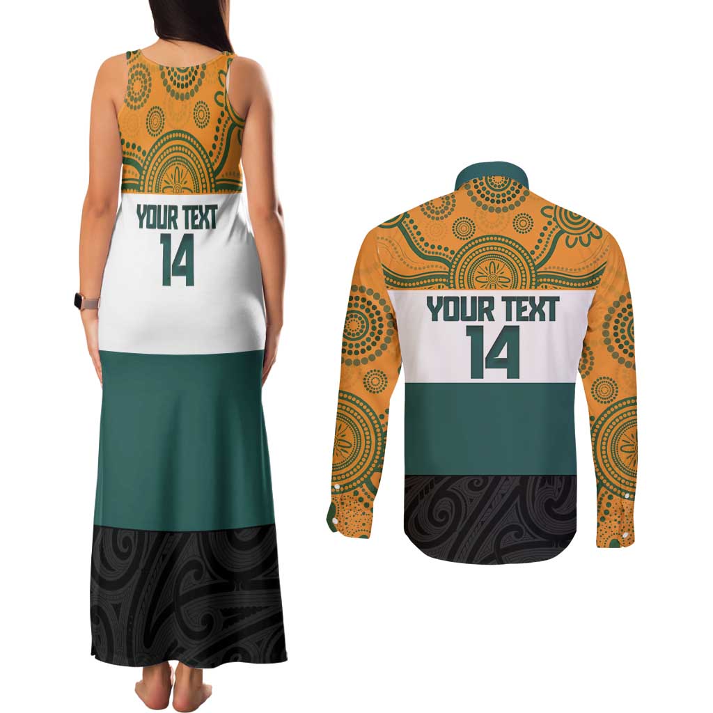 AUNZ Rugby Custom Couples Matching Tank Maxi Dress and Long Sleeve Button Shirt Australia Kangaroo New Zealand Silver Fern LT14 - Polynesian Pride